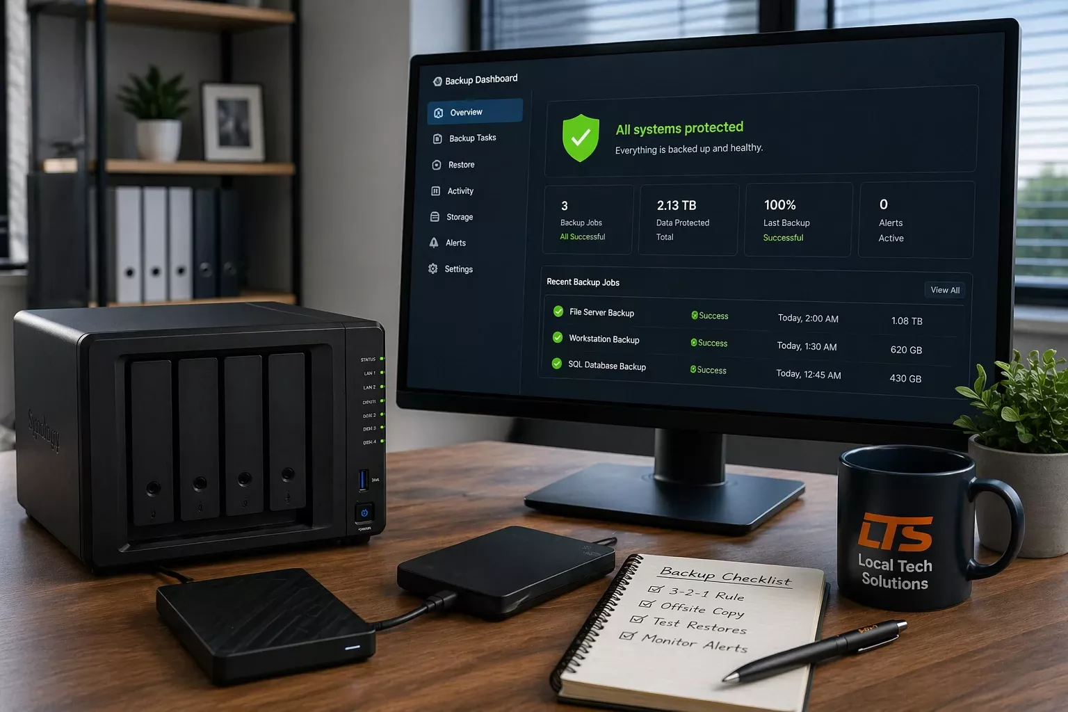 IT professional reviewing backup status for a small business office