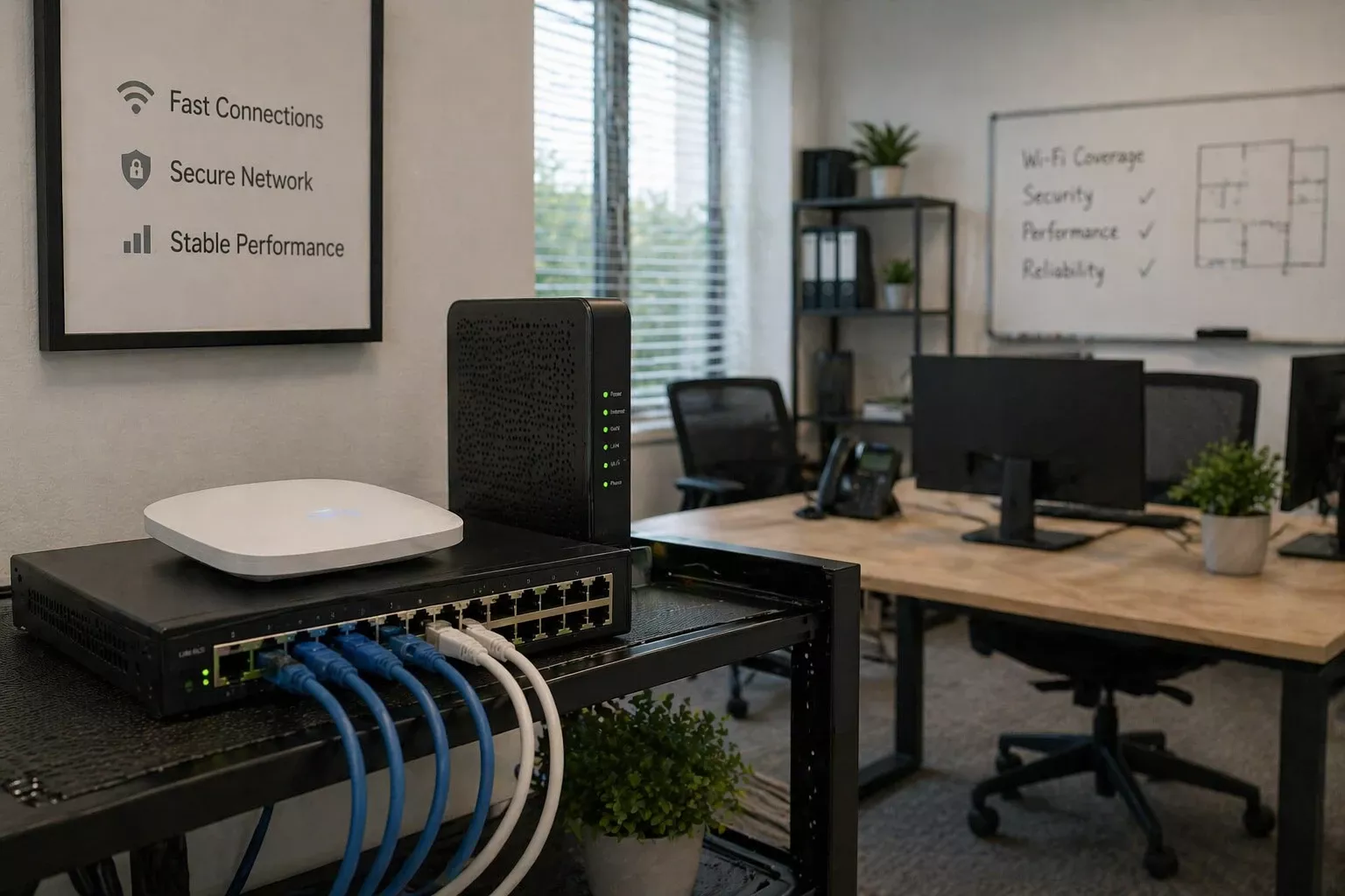 Network switch and cables in a small business office