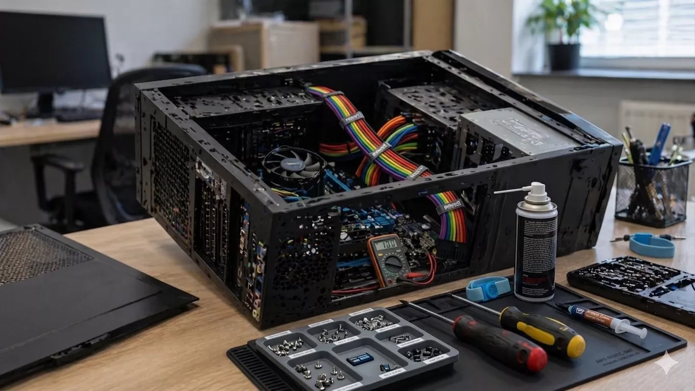 IT technician carefully repairing a laptop on a clean workbench