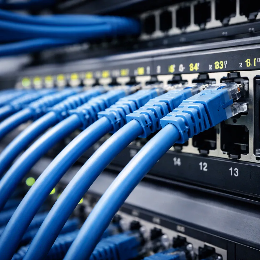 Network switch and ethernet cables in a small business server area