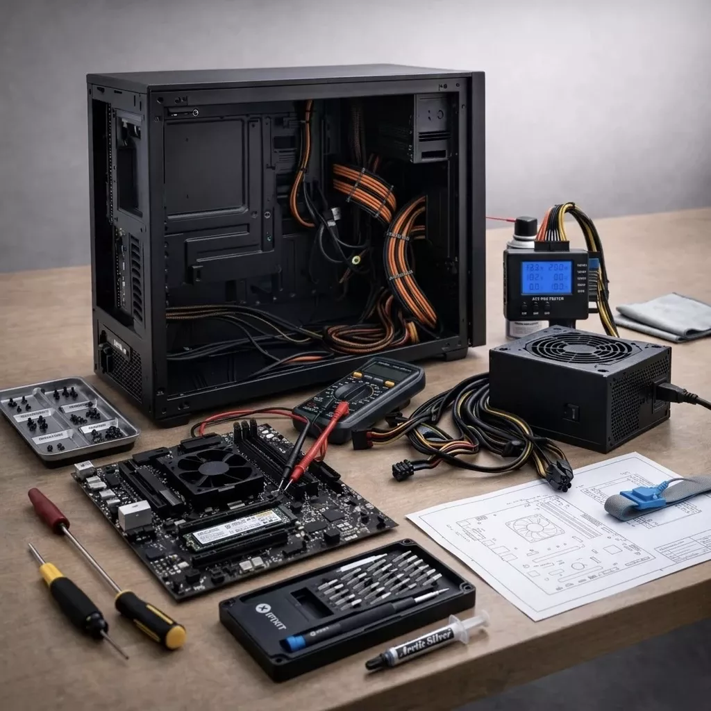 Laptop being repaired on a clean workbench in a small office environment