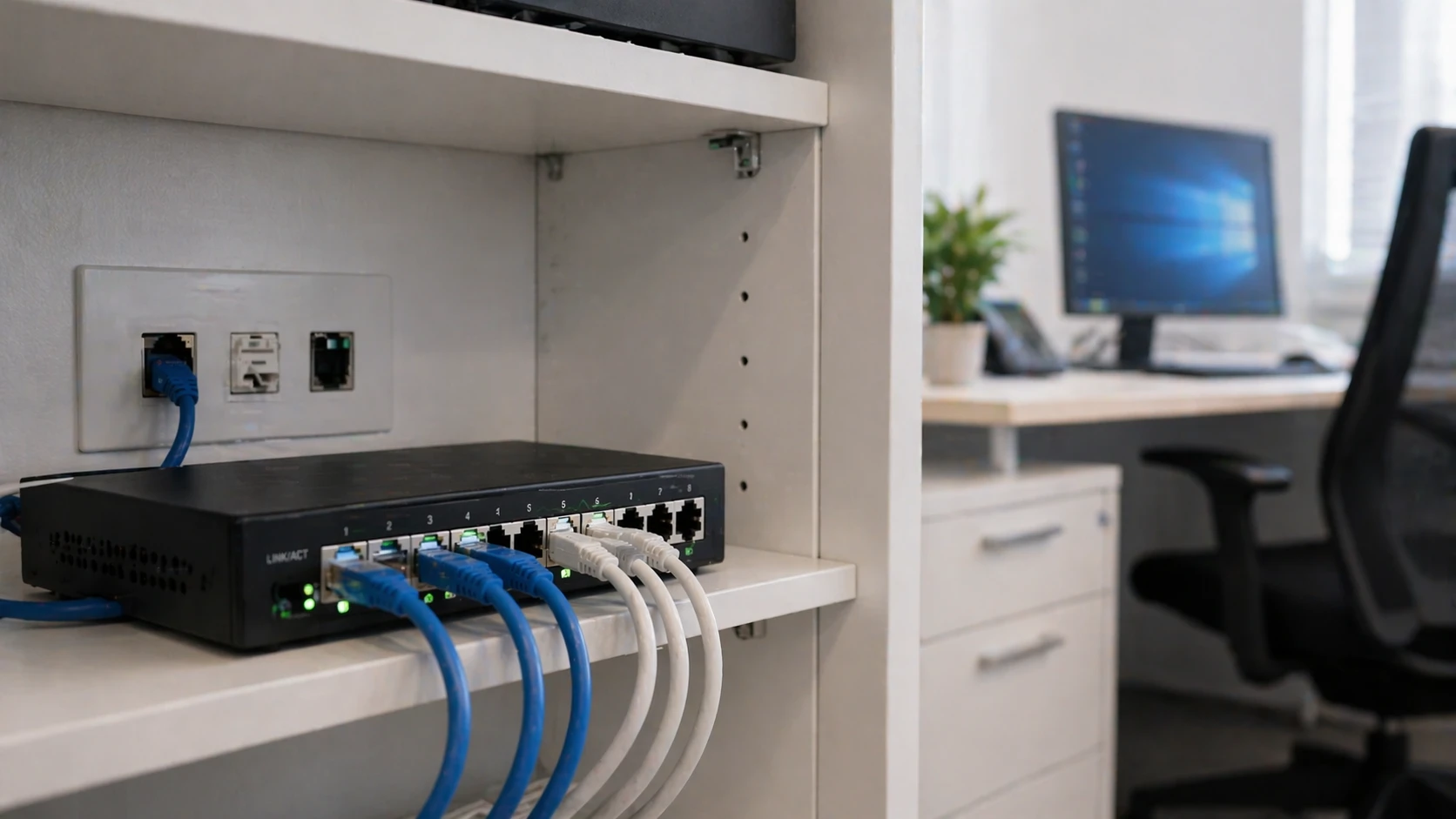 Organized small office with networking equipment and workstations