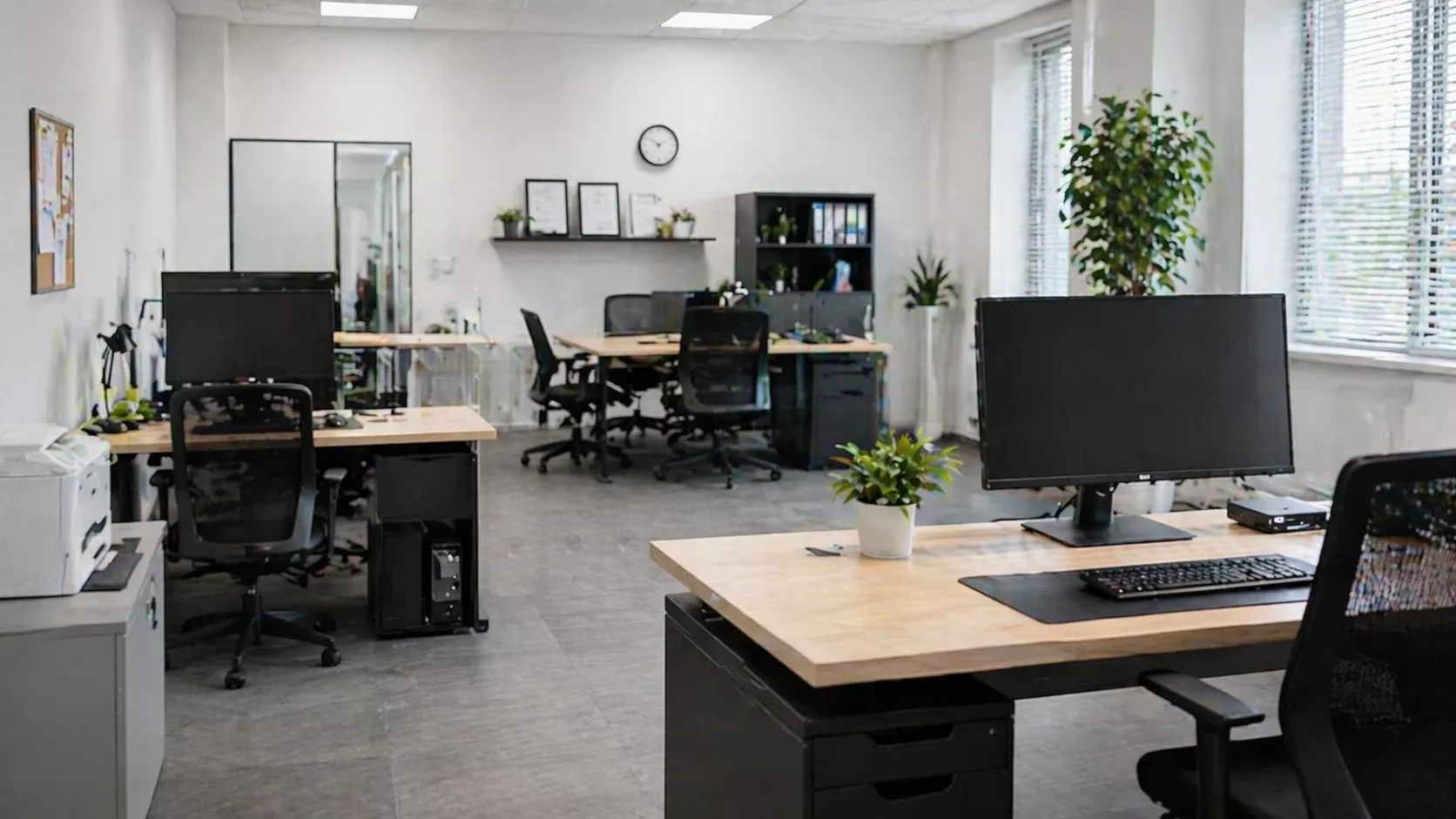 Organized small office with networking equipment and workstations