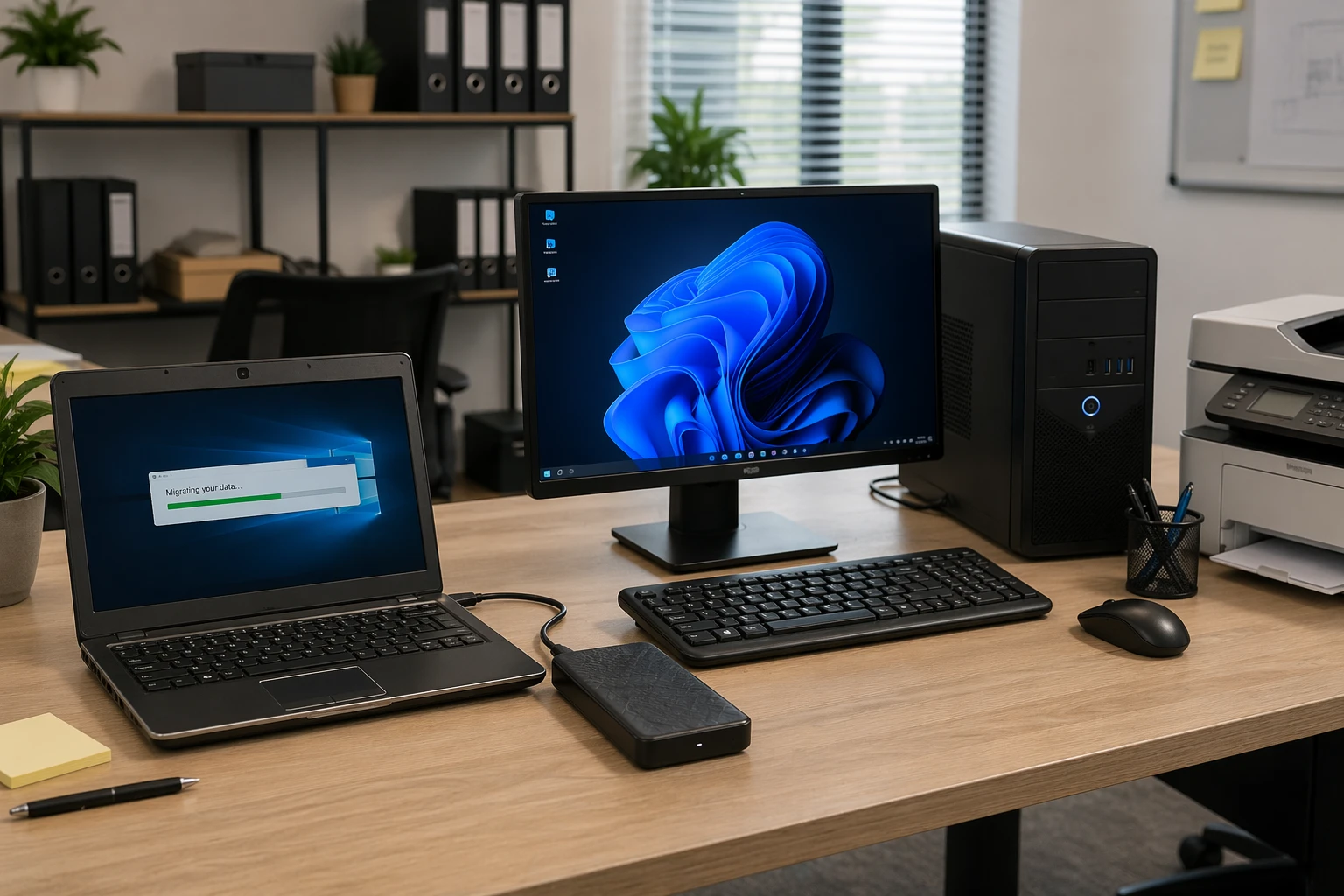 IT professional and small business owner reviewing a workstation solution together